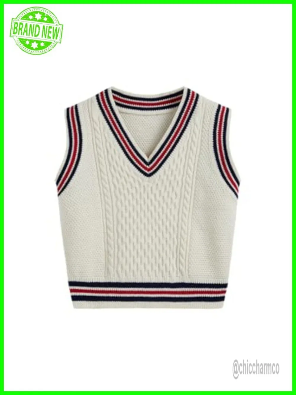 Sweater Vest V-Neck Sleeveless Knit Top Cable Knit Oversized Preppy Pullover